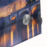 Close-up view of a vibrant acrylic landscape artwork depicting a majestic castle surrounded by lush greenery, showcasing intricate details and vivid colors. Perfect for home decor enthusiasts seeking unique wall art.