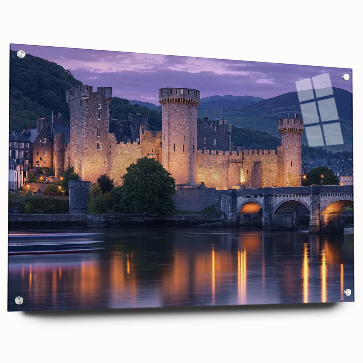 Acrylic glass artwork showcasing a vibrant landscape with medieval castles, presented in a side view with decorative pins, ideal for home decor enthusiasts.