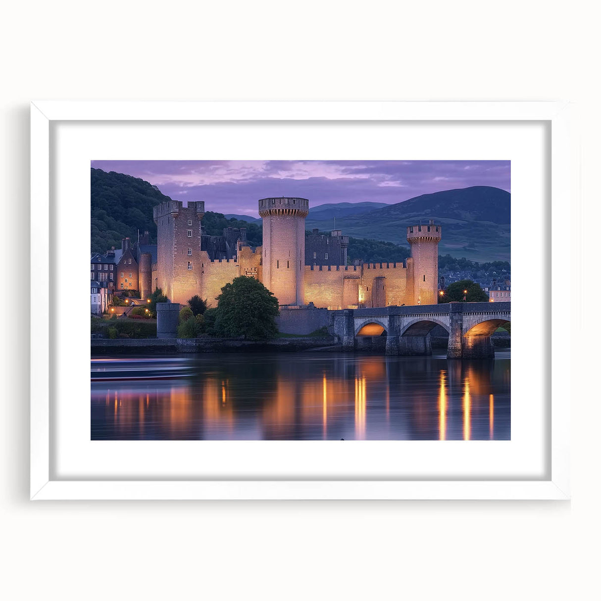 Elegant white-framed landscape artwork depicting a serene castle scene with lush greenery and a blue sky, perfect for home decor or office aesthetics.