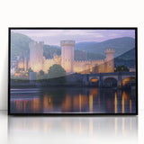 Framed acrylic artwork showcasing a stunning landscape with a medieval castle, presented in a sleek black frame, ideal for home decor and art enthusiasts.