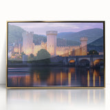Framed acrylic artwork showcasing a stunning landscape with a majestic castle, accented by gold details, ideal for enhancing home decor and art collections.