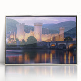 Framed acrylic artwork depicting a majestic castle landscape, featuring rich colors and intricate details, set against a silver frame, ideal for home decor.