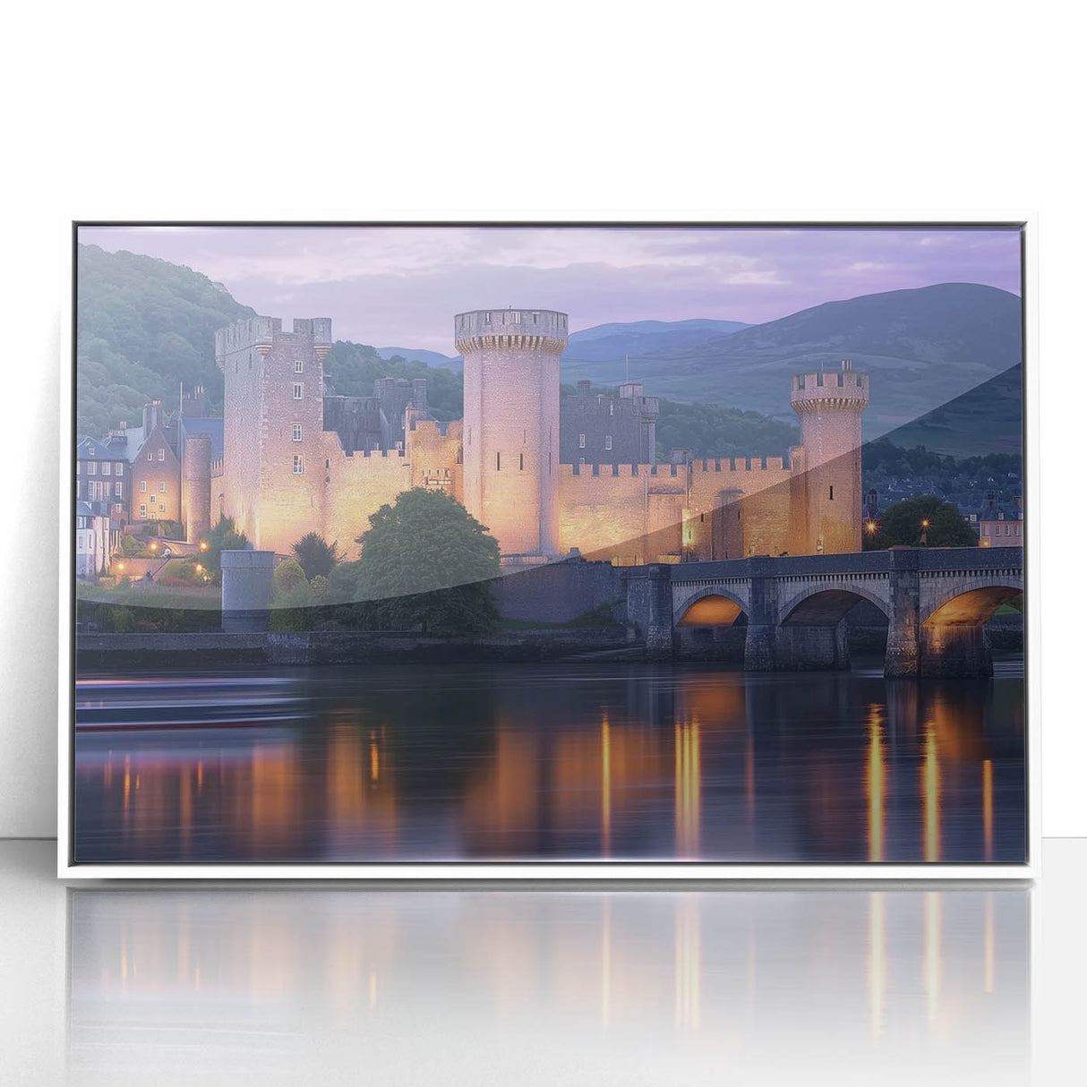 Framed acrylic artwork depicting a serene landscape with a majestic castle, featuring vibrant colors and intricate details, perfect for home decor.