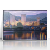 Framed acrylic artwork depicting a serene landscape with a majestic castle, featuring vibrant colors and intricate details, perfect for home decor.