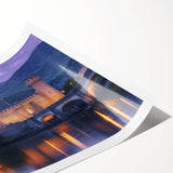 Detailed landscape canvas print showcasing a vibrant castle scene with lush greenery and a blue sky, rolled for easy transport in a protective tube.