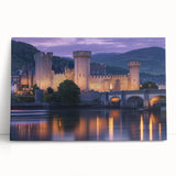 Stretched canvas artwork depicting a serene landscape with a majestic castle, featuring vibrant colors and intricate details, perfect for home decor.