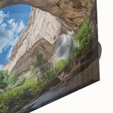 Close-up of an abstract acrylic and glass artwork depicting colorful landscapes and caves, showcasing intricate details and vibrant hues, perfect for modern decor.