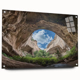 Acrylic landscape artwork showcasing a detailed cave scene, viewed from the side, mounted with pins for display. Ideal for nature-themed decor and art enthusiasts.
