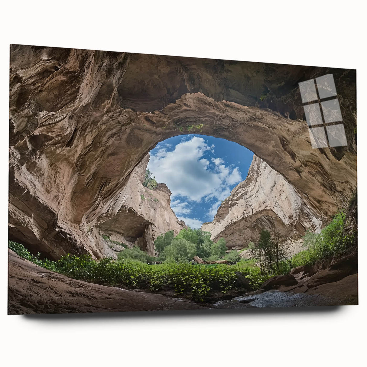 Acrylic glass artwork depicting stunning landscapes and caves, showcasing intricate details and vibrant colors from a side view, perfect for modern decor.