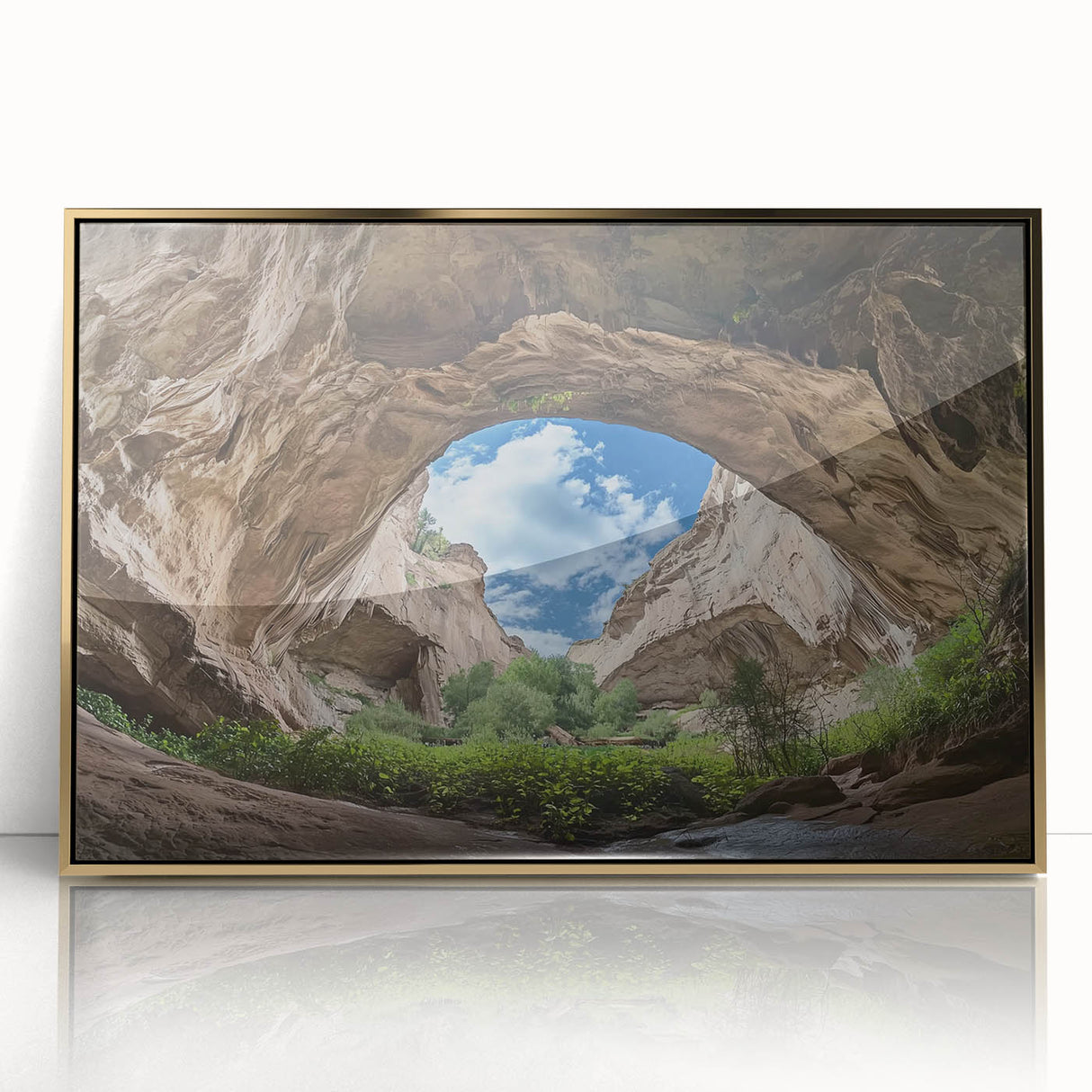 Framed acrylic artwork showcasing a stunning cave landscape design with rich gold accents, perfect for modern home decor. Ideal for art enthusiasts seeking unique wall enhancements.
