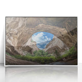 Framed acrylic artwork depicting a vibrant cave landscape, featuring rich colors and intricate details, set in a sleek white frame for modern decor. Ideal for enhancing interior spaces with natural beauty.