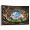 Framed canvas artwork depicting a stunning landscape with caves, featuring a black side view. This modern decor piece adds elegance to any interior space.