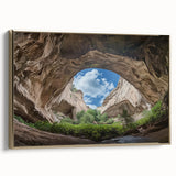 Framed canvas artwork showcasing a stunning cave landscape design with a gold frame, ideal for home decor. The art piece features rich colors and intricate details that enhance any interior space. Perfect for nature lovers and art enthusiasts looking to elevate their wall aesthetics.