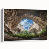 Framed canvas artwork depicting a serene landscape with caves, showcasing earthy tones and intricate details, presented from a stylish white side view. Ideal for home decor.