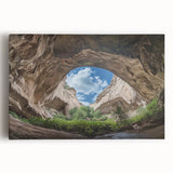 Stretched canvas artwork depicting a stunning landscape scene with intricate cave formations, showcasing warm earthy tones and detailed textures, perfect for home decor.