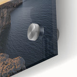 Close-up of an acrylic landscape artwork depicting dramatic cliffs and vibrant colors, showcasing intricate textures and details, perfect for modern decor.