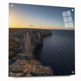 Acrylic glass wall art showcasing a vibrant landscape with cliffs, displayed in a side view, featuring pin mounting for easy installation and modern decor appeal.