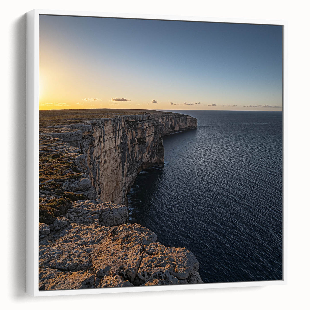 Framed canvas artwork depicting stunning cliff landscapes in vibrant colors, showcased from a side view against a white background, perfect for modern home decor.