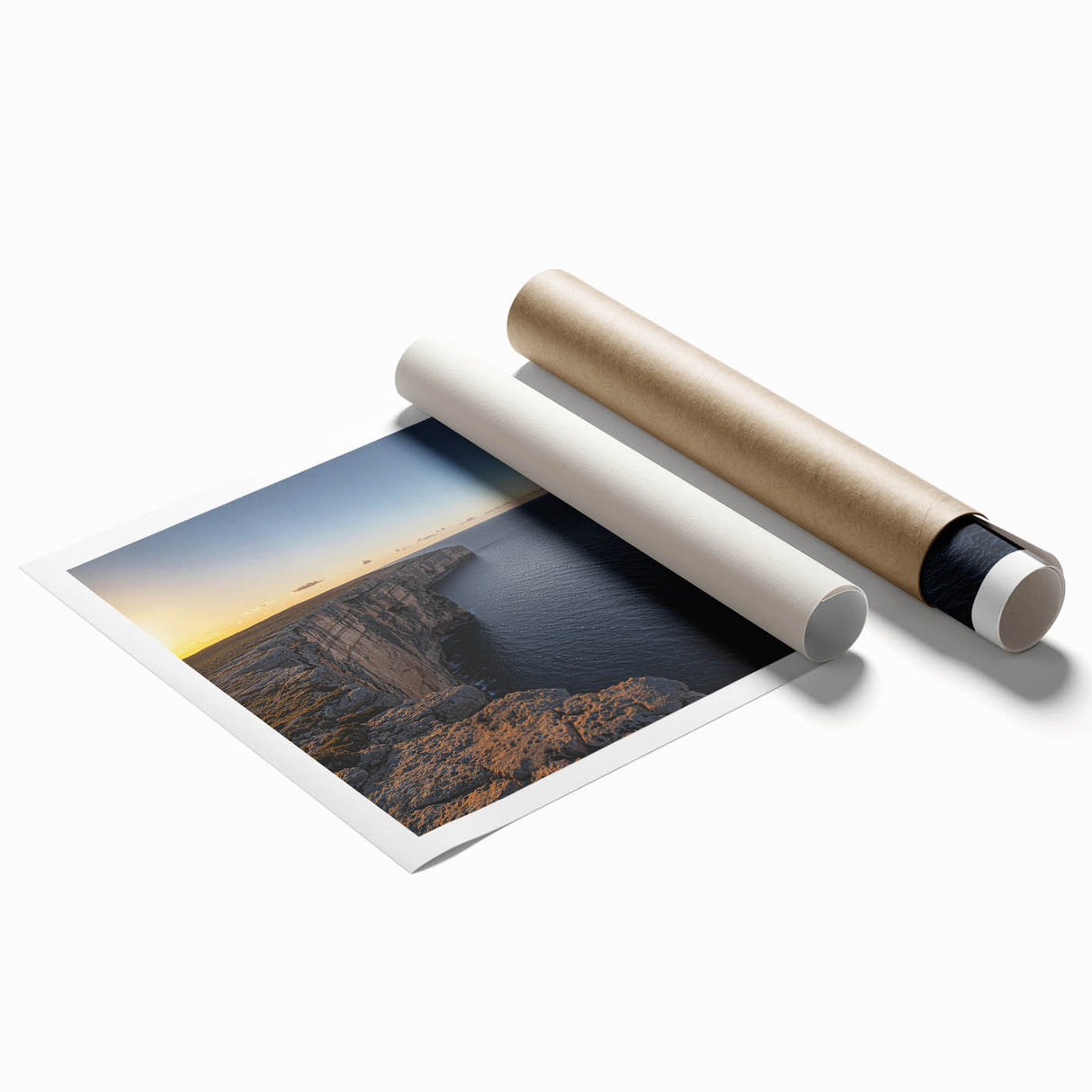 Stunning rolled print of dramatic cliffs against a vibrant sunset, showcasing rich colors and textures, ideal for enhancing any landscape-themed decor.