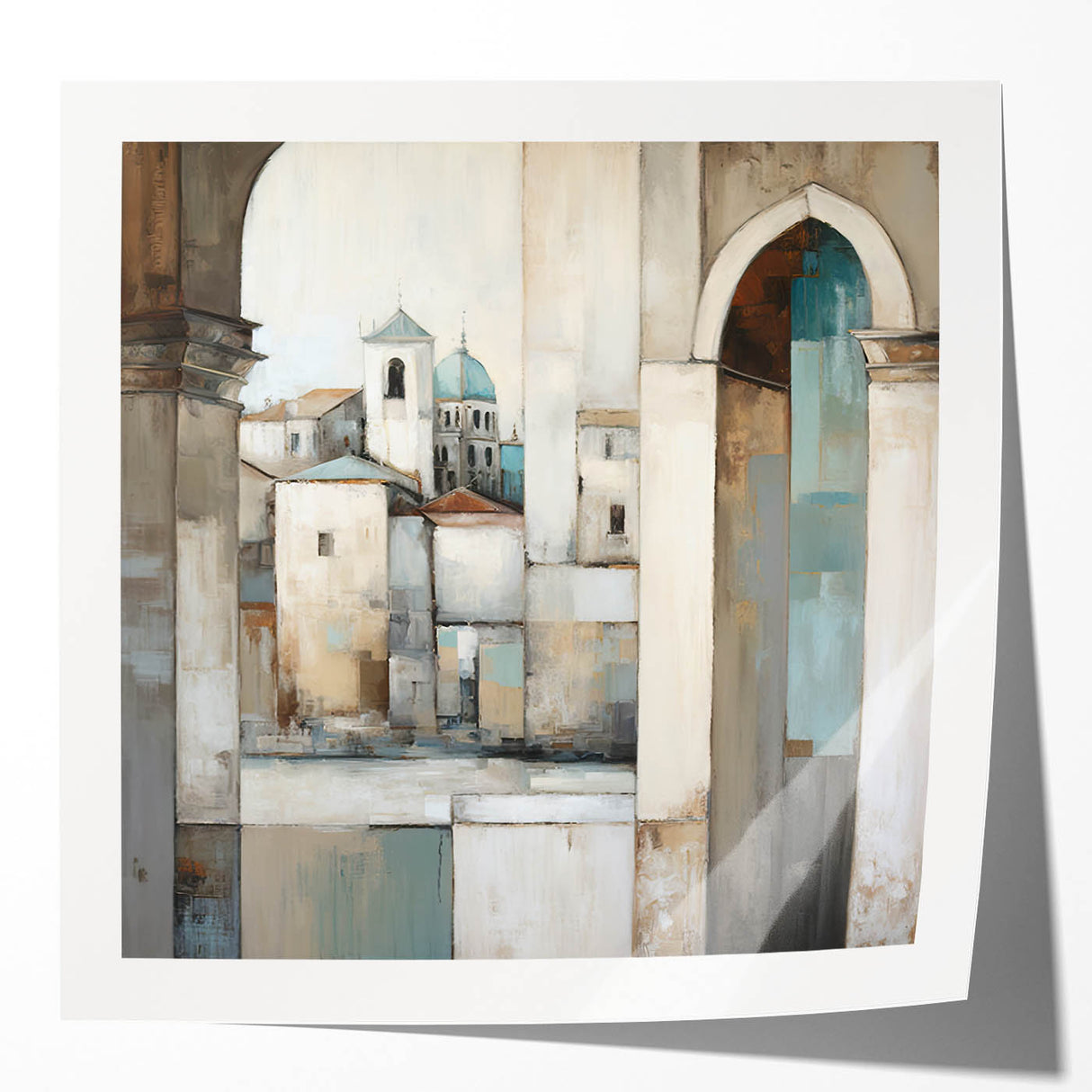 Abstract architectural wall art print featuring bold geometric shapes in vibrant colors, displayed in a glossy mockup setting for contemporary decor inspiration.