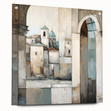 Abstract architectural wall art design displayed in acrylic glass, showcasing a side view with pins for hanging. The modern artwork features geometric patterns in vibrant colors, perfect for contemporary decor.