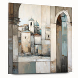 Abstract architectural wall art displayed in a side view, featuring vivid colors and geometric shapes on acrylic glass, highlighting modern design aesthetics.