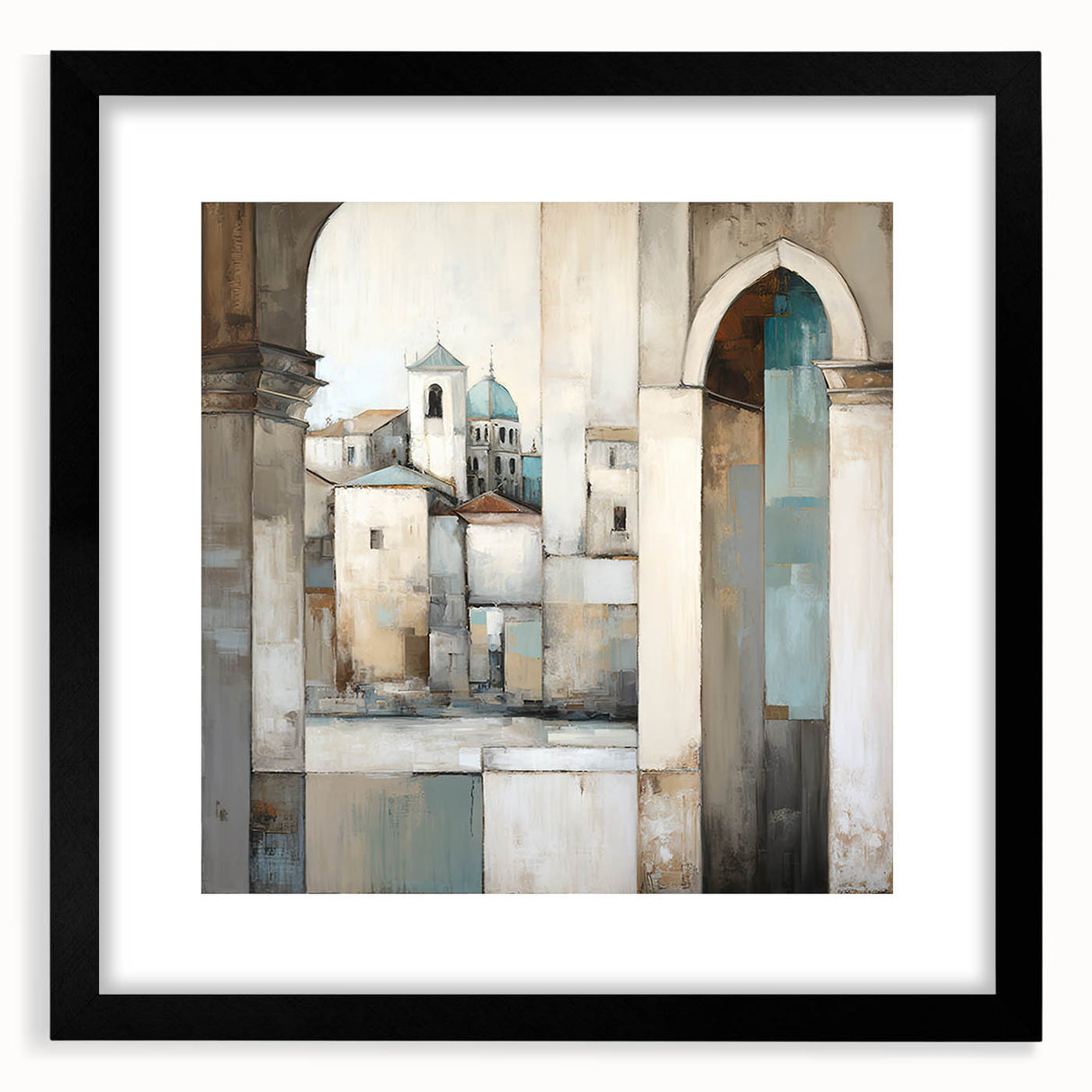 Abstract architectural wall art frame showcasing a modern design with a black mat, perfect for contemporary decor. Ideal for enhancing living spaces or office environments.