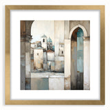 Abstract architecture wall art framed in gold with a mat, showcasing geometric shapes and modern design elements, ideal for contemporary home decor.