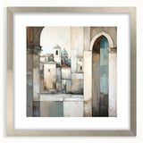 Abstract architecture wall art framed in silver with a white mat, showcasing geometric shapes and modern design elements, perfect for contemporary decor.