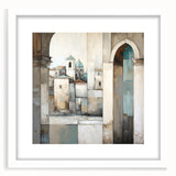 Abstract architectural wall art framed in white, showcasing geometric shapes and soft hues, perfect for modern home decor. The design adds elegance and creativity to any space.