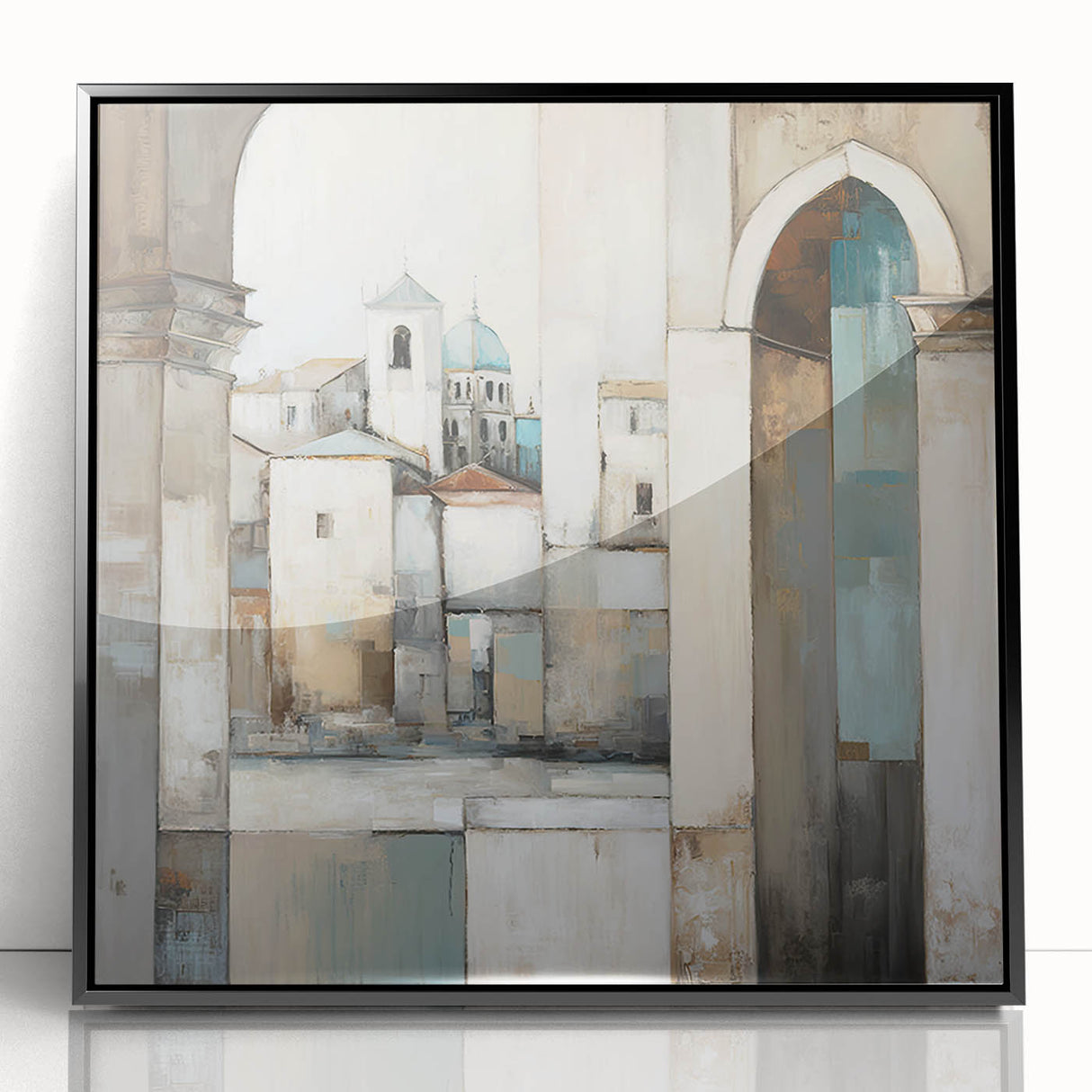 Abstract architectural wall art in a black frame, showcasing geometric shapes and lines, perfect for modern decor in living spaces or offices.