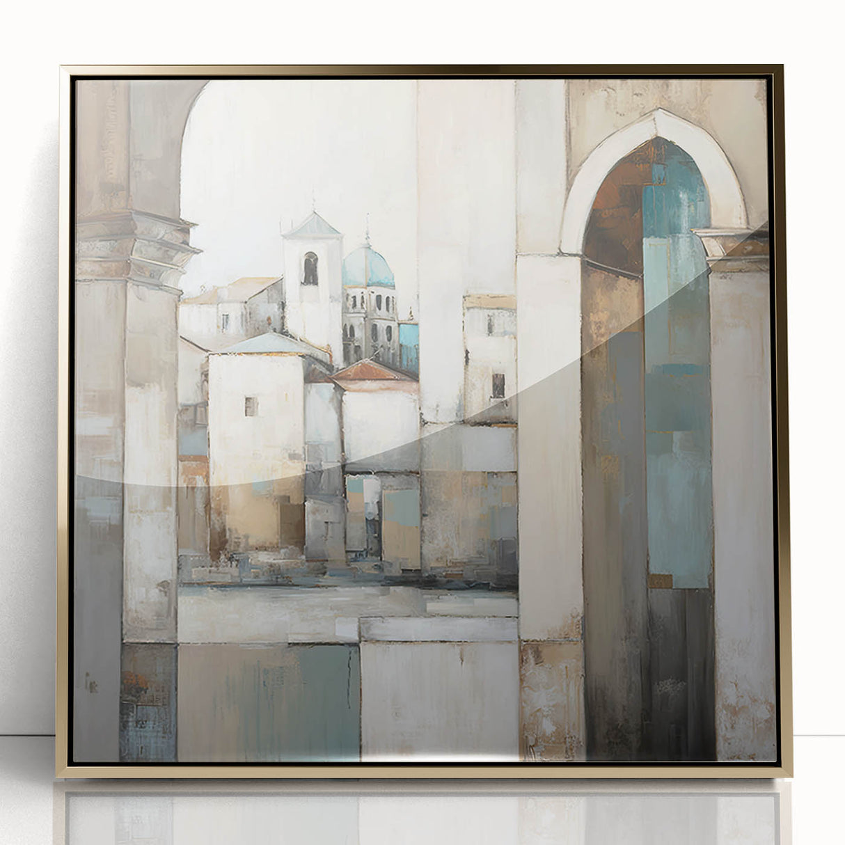 Framed abstract architecture wall art showcasing a gold-accented design, set in an elegant acrylic frame, perfect for modern home decor.