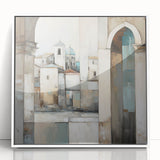 Framed acrylic wall art showcasing an abstract architectural design in a white frame, perfect for modern home decor. Ideal for adding a contemporary touch to living spaces.