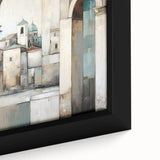 Close-up of a framed abstract architecture wall art piece showcasing intricate geometric patterns in shades of blue and gold, perfect for modern decor.