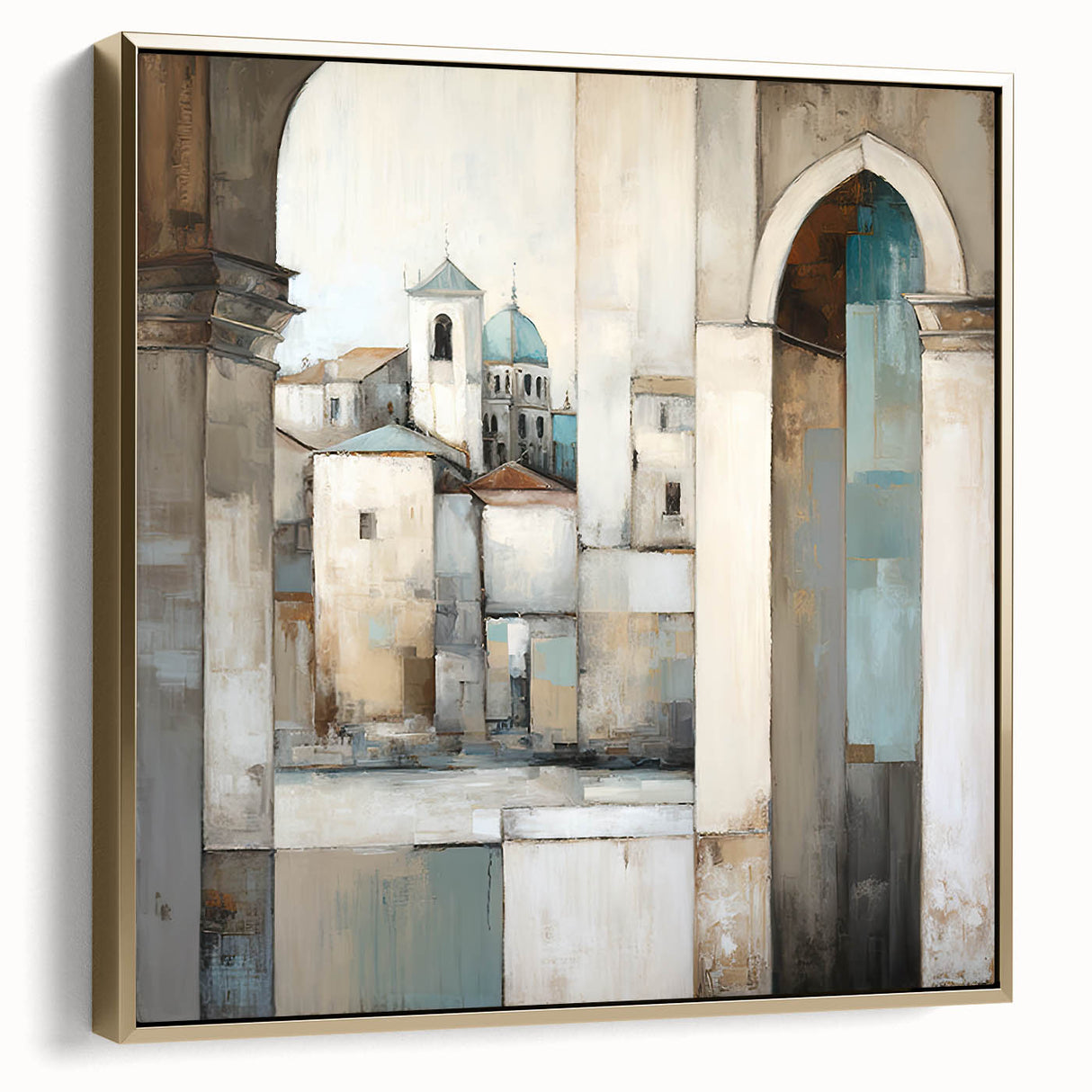 Framed abstract architecture wall art in silver and gold tones, showcasing geometric shapes and modern design elements for stylish home decor.