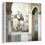 Framed canvas wall art displaying an abstract architectural design in white tones, showcasing modern aesthetics and elegant lines, ideal for contemporary decor.