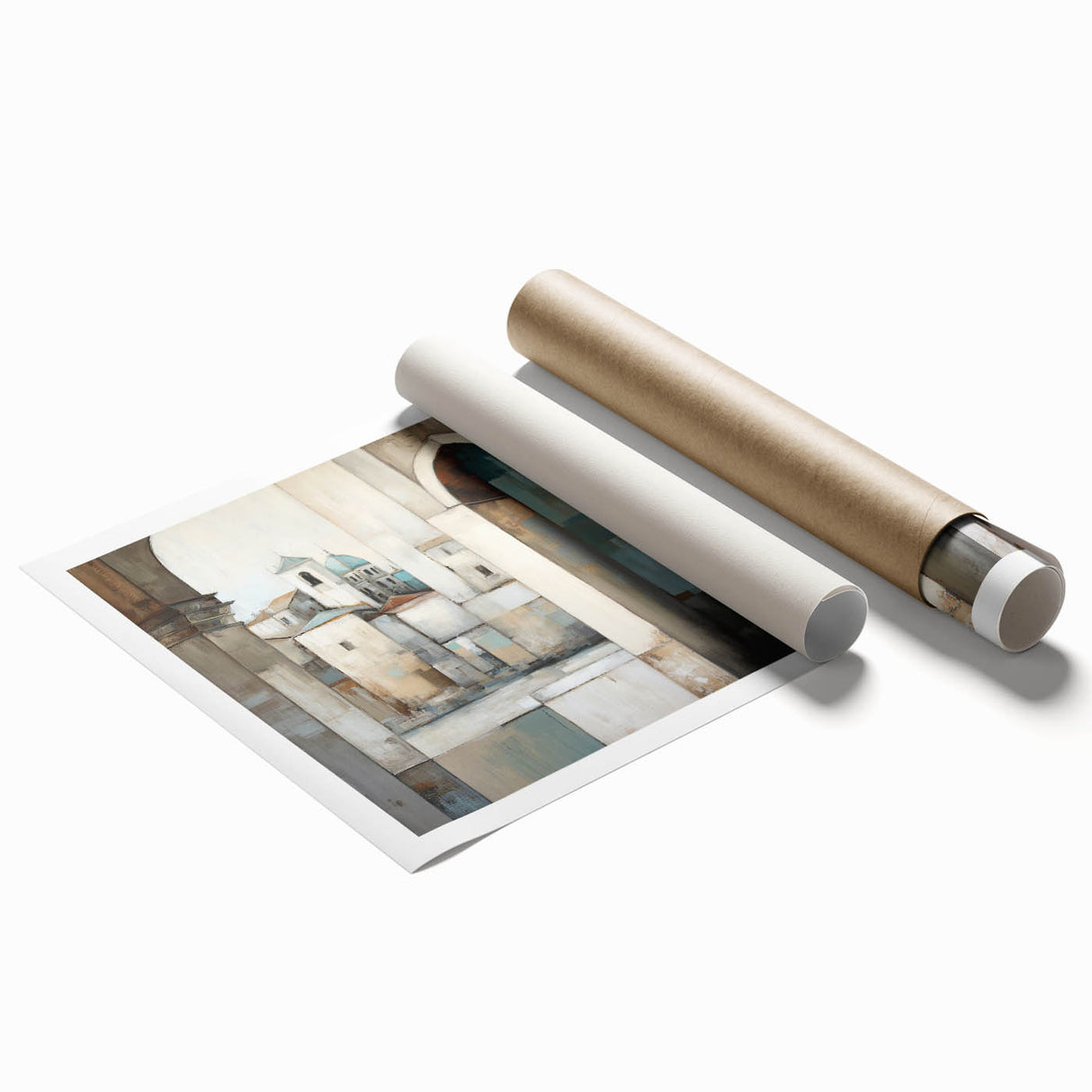 Abstract architectural wall art print showcasing geometric shapes and muted earth tones, rolled for shipping in protective packaging. Ideal for modern home decor.