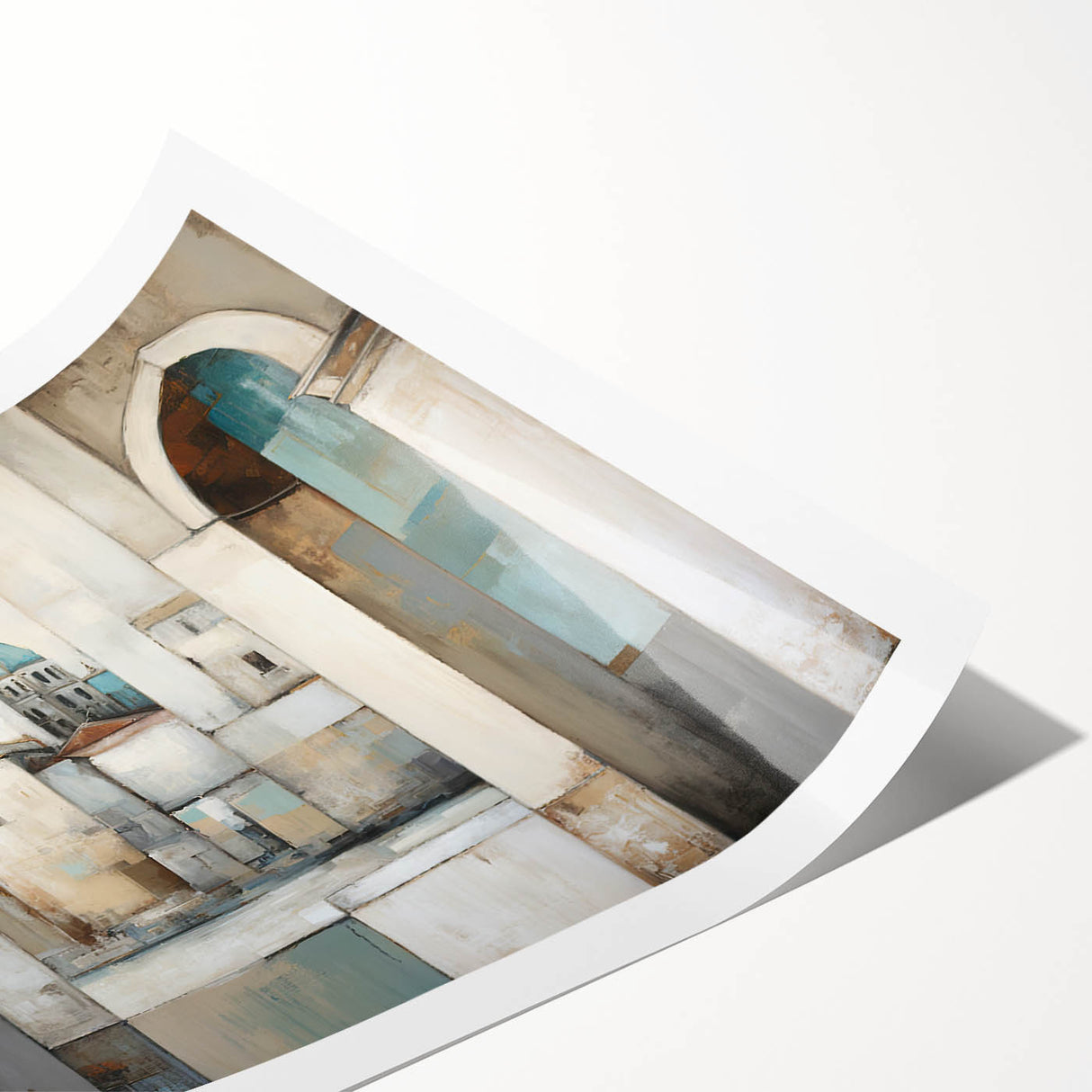 Abstract architecture wall art print showcasing geometric shapes and vibrant colors, rolled and ready for framing, ideal for modern home décor.