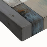 Close-up of a stretched canvas featuring a vibrant abstract architectural wall art design in shades of blue, yellow, and gray, ideal for modern interiors.