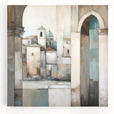 Abstract architecture wall art on stretched canvas, showcasing geometric shapes in muted tones of gray and beige, ideal for modern home decor.