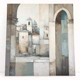 Abstract architectural wall art on stretched canvas, showcasing bold geometric patterns in vibrant colors, perfect for modern home decor. The artwork leans against a neutral wall, adding a touch of sophistication and creativity to any space. Ideal for art enthusiasts seeking unique interior design elements.