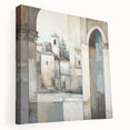 Abstract architectural wall art on stretched canvas, showcasing geometric shapes in bold colors, ideal for modern decor. Side view highlights the canvas texture and depth, enhancing interior aesthetics.