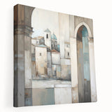 Abstract architectural wall art on stretched canvas, showcasing geometric shapes in bold colors, ideal for modern decor. Side view highlights the canvas texture and depth, enhancing interior aesthetics.