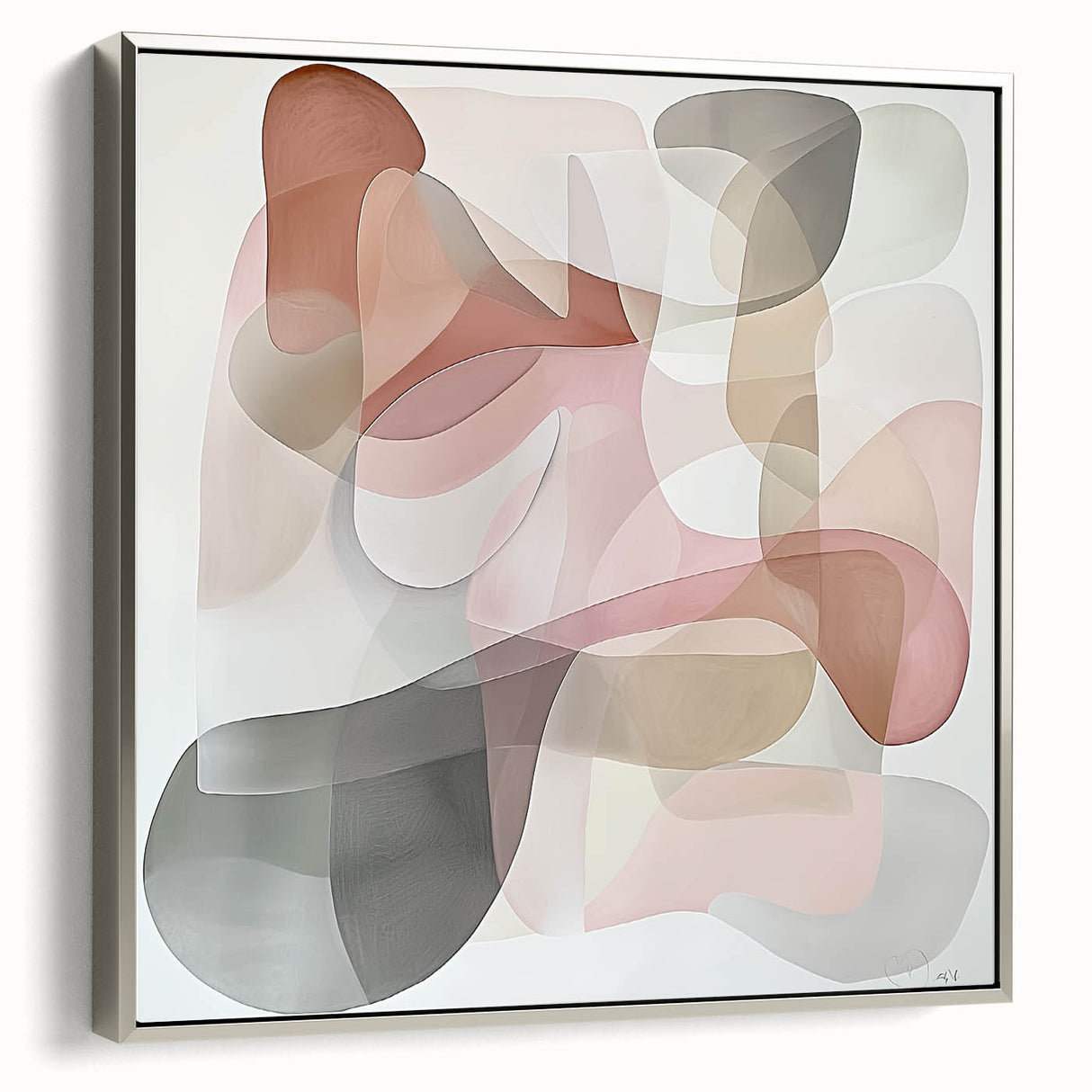 Framed abstract geometric canvas artwork showcasing a silver color scheme, viewed from the side, perfect for modern home decor and artistic interiors.