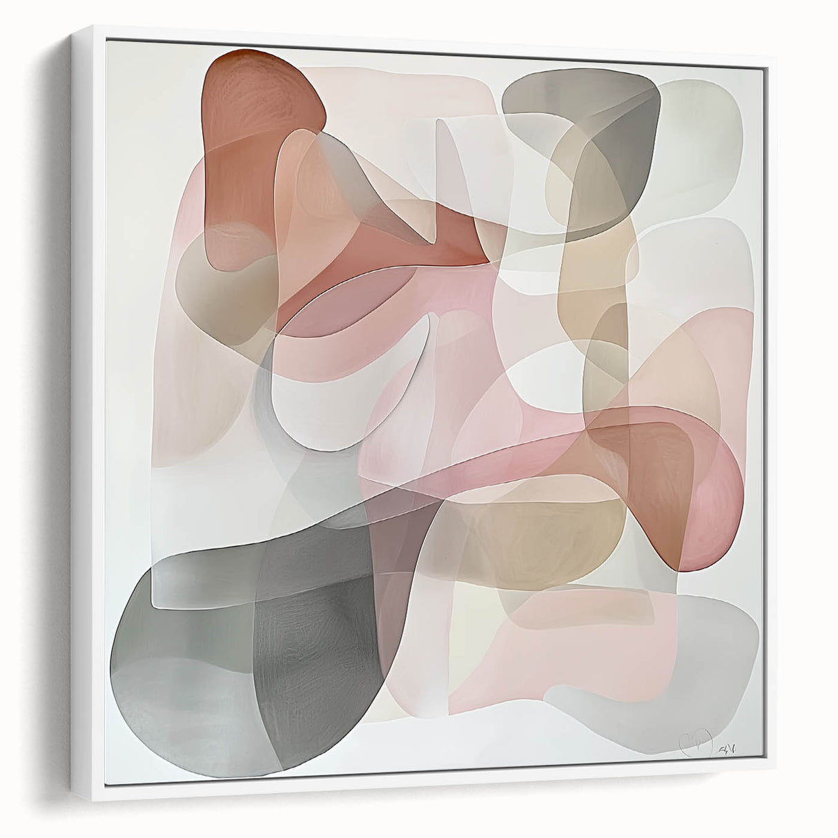 Abstract geometric framed canvas artwork featuring a modern design in white and shades of gray, displayed in a sleek frame, perfect for contemporary decor.