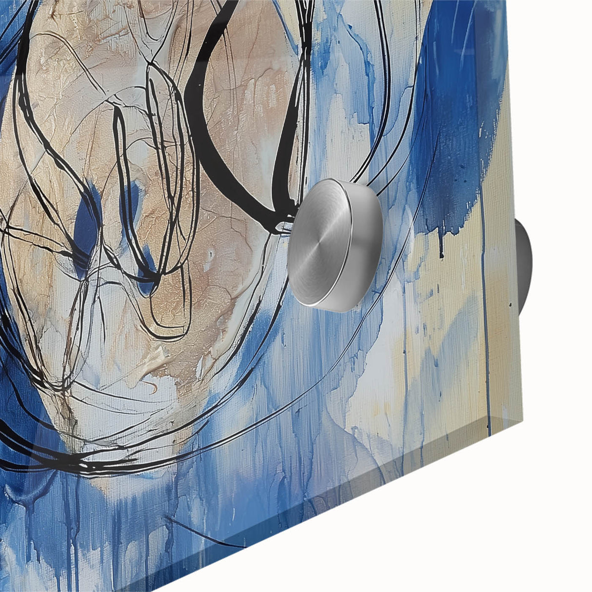 Abstract acrylic splatter artwork showcasing vibrant hues of blue, orange, and yellow on a glossy glass surface, ideal for modern home decor.