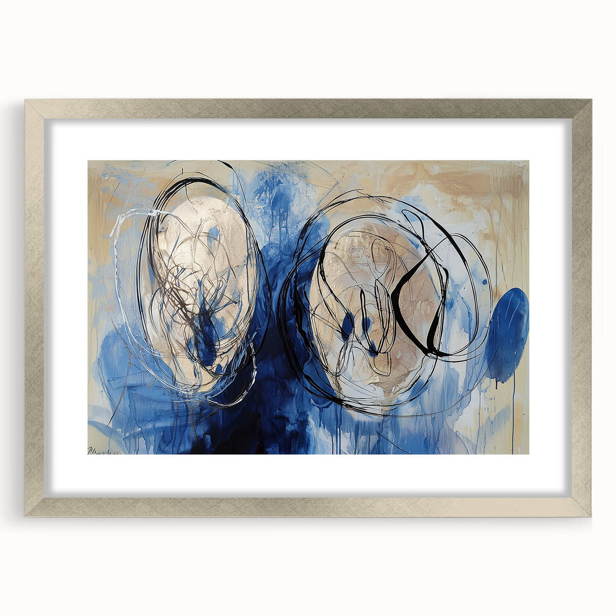 Abstract silver frame showcasing colorful splatter art print with a white mat. Ideal for modern home decor, adding vibrant flair to any room.