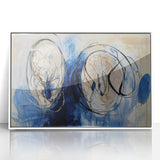 Framed acrylic artwork titled "Design 39" featuring vibrant abstract splatters in shades of blue, yellow, and pink, set against a sleek white background.