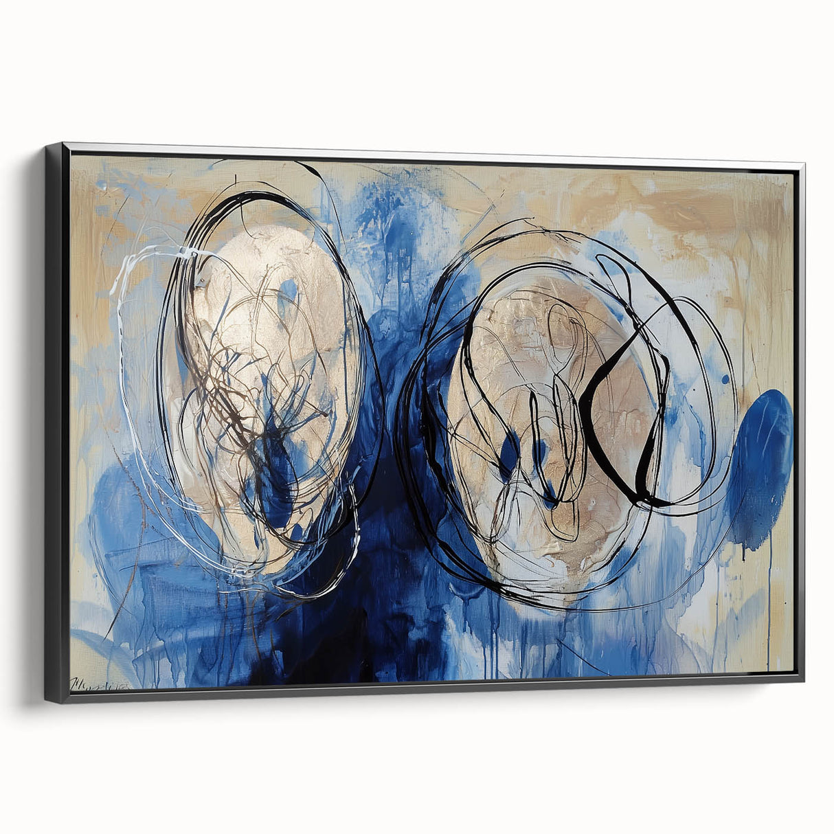Framed canvas artwork featuring a modern abstract design with vibrant splatters in black, ideal for contemporary home decor, showcasing dynamic colors and textures.