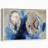Abstract splatter design on a framed canvas in a sleek white frame, showcasing vibrant paint colors and dynamic texture, ideal for modern home decor.